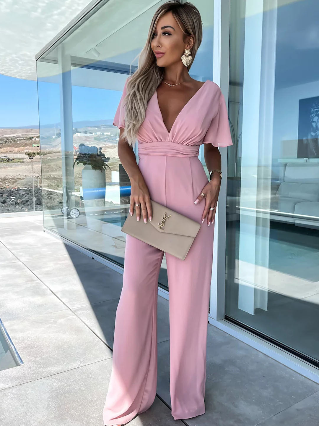V neck Casual Short Sleeve Dress Loose Vacation Wide Leg Trouser