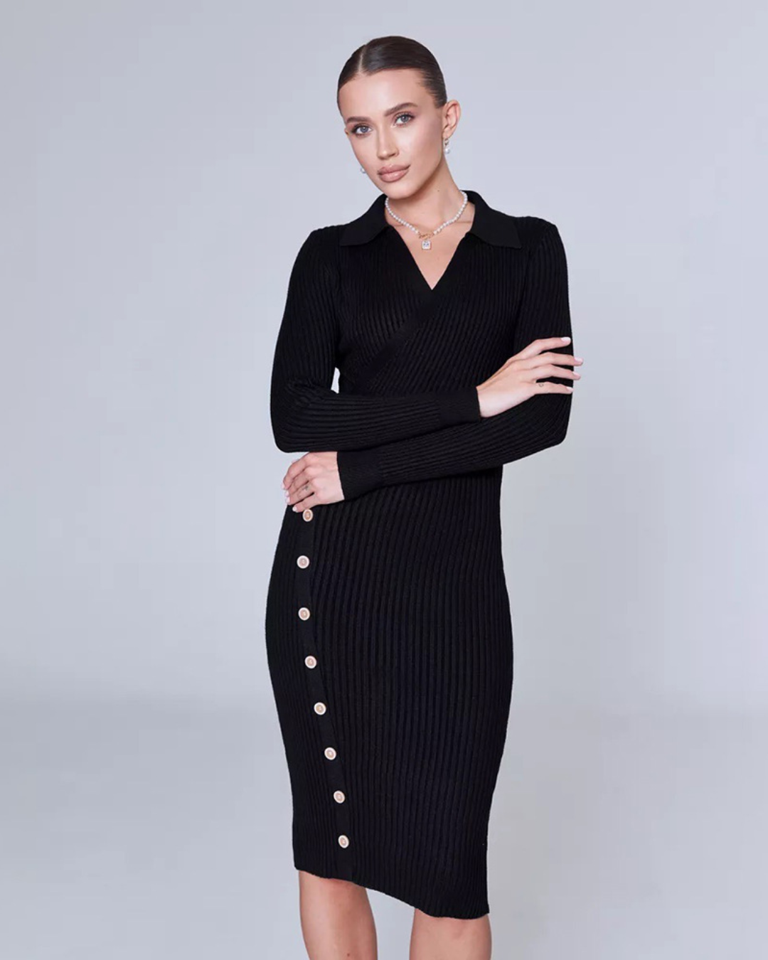 Polo Collar Knitted Sweater Dress Black S 