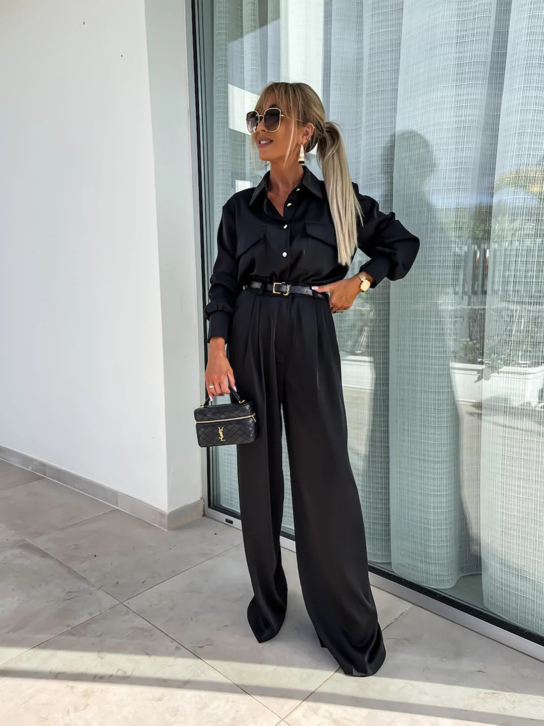 Long Sleeved Faux Pocket Shirt Elegant Trousers