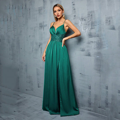 Elegant Green Satin Evening Dress