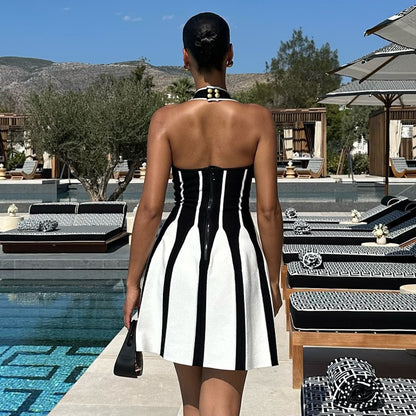Summer French Sweet Spicy Halter Backless Spaghetti Straps Knitted Striped Dress Bandage Jacquard