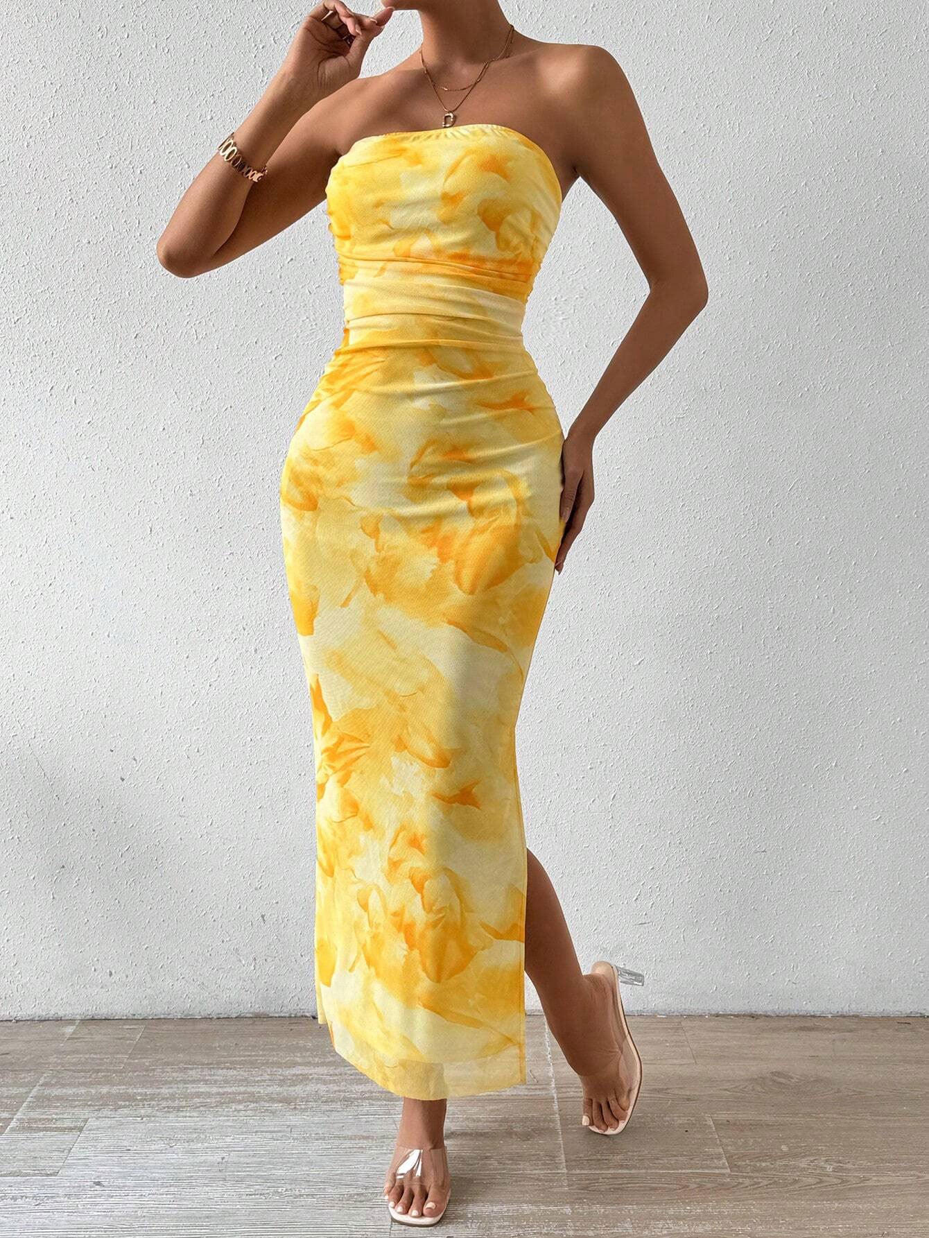 Printed Dress SpringHigh Waist Slit Tube Top Dress