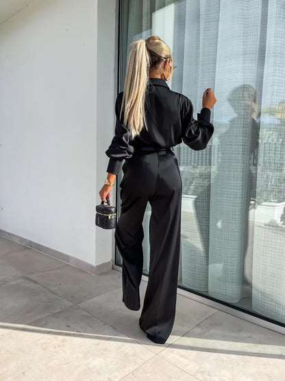 Long Sleeved Faux Pocket Shirt Elegant Trousers