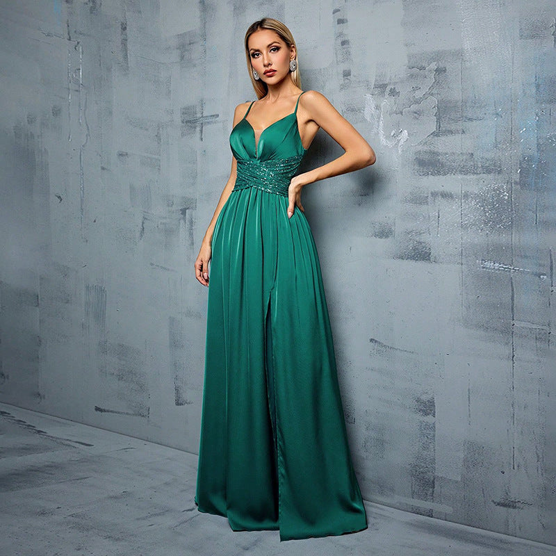 Elegant Green Satin Evening Dress