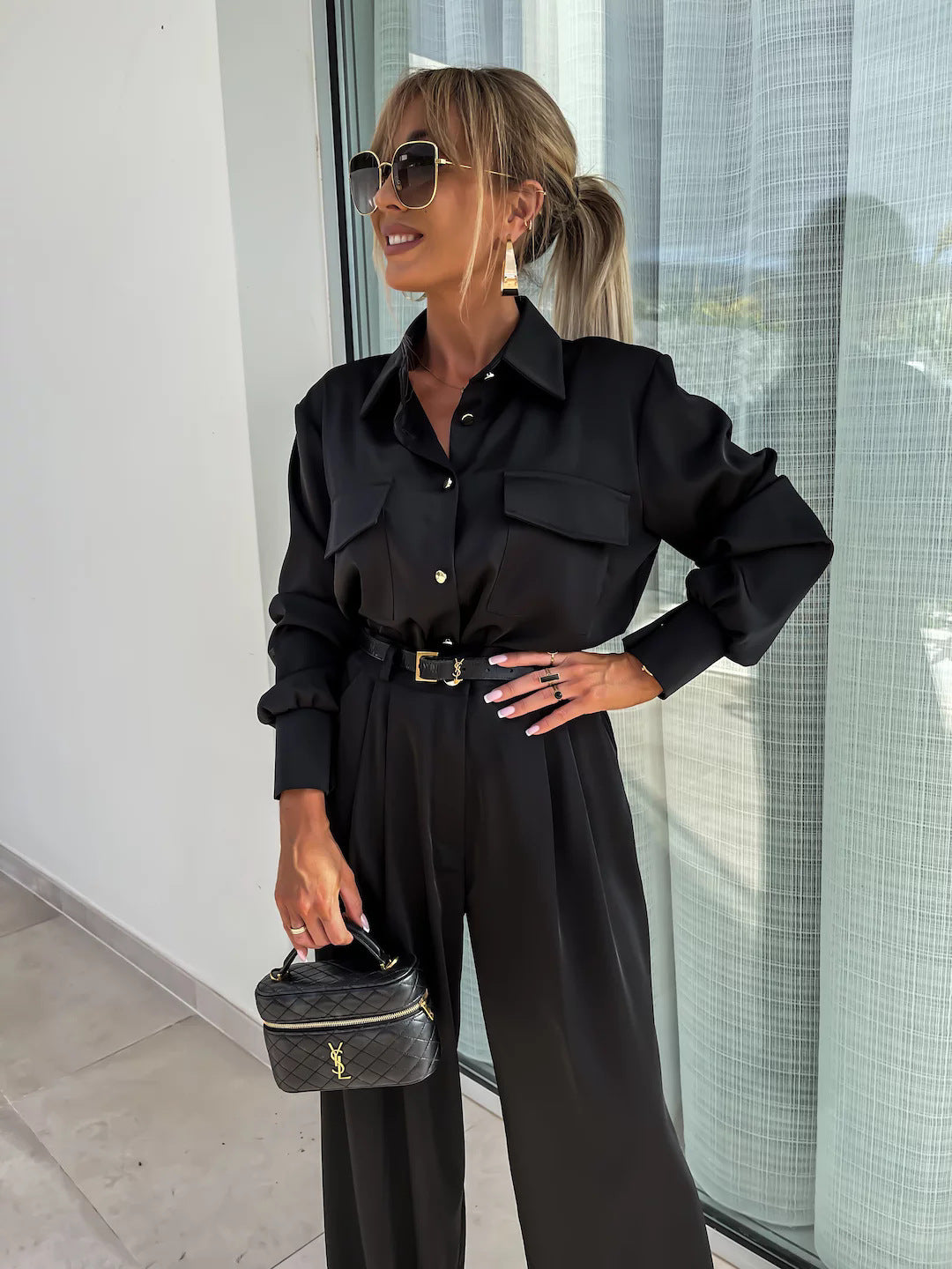 Long Sleeved Faux Pocket Shirt Elegant Trousers