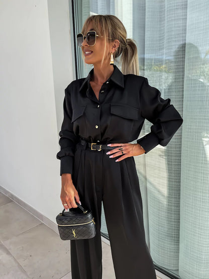 Long Sleeved Faux Pocket Shirt Elegant Trousers