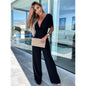 V neck Casual Short Sleeve Dress Loose Vacation Wide Leg Trouser S Black