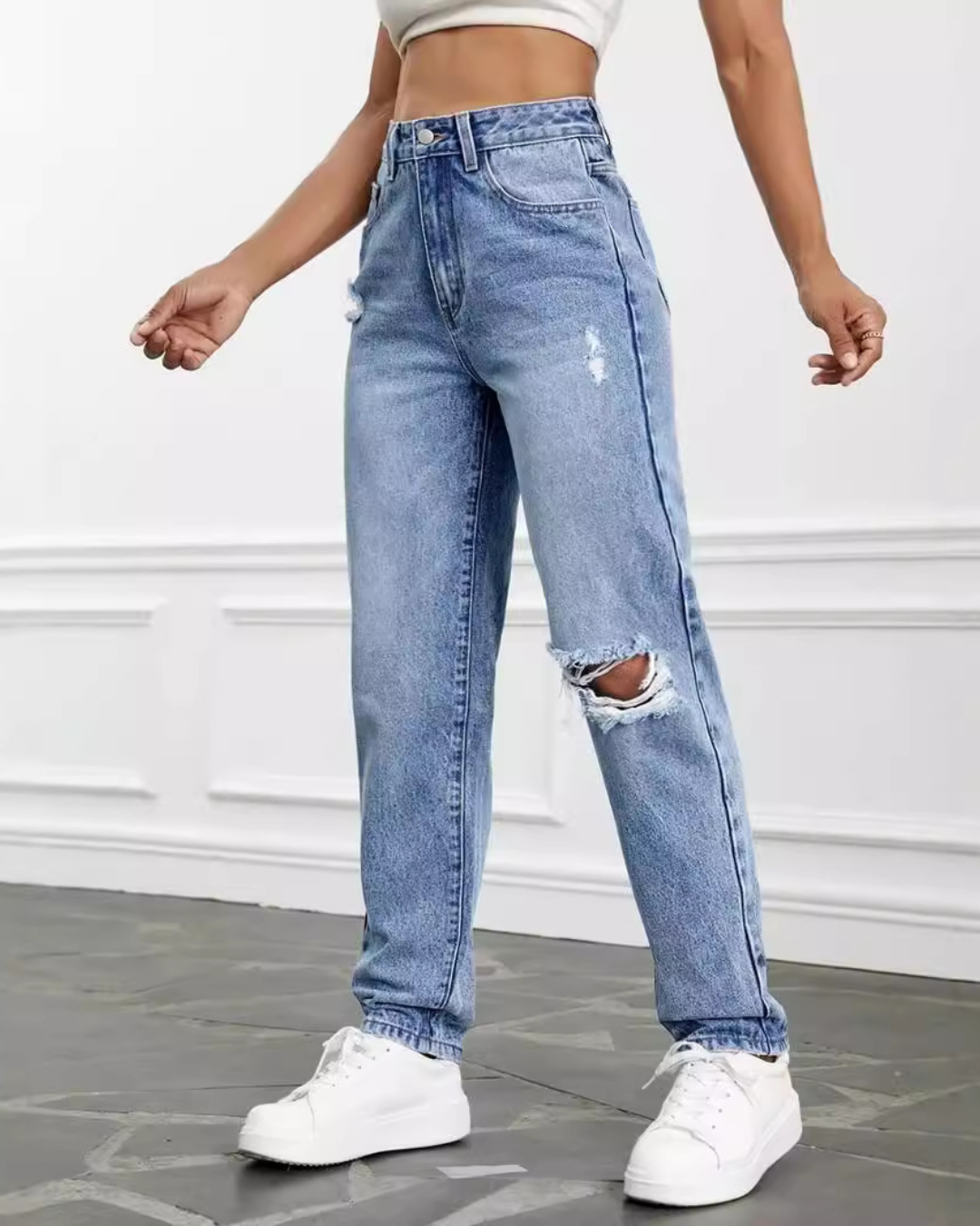 High Waist Straight Leg Jeans Pants   