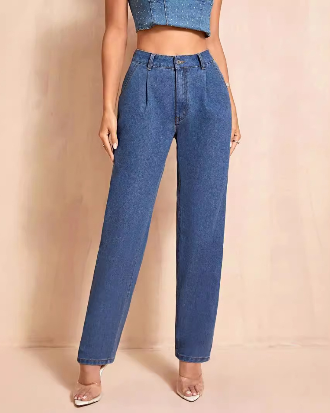 High Waist Straight Leg Denim Trousers   