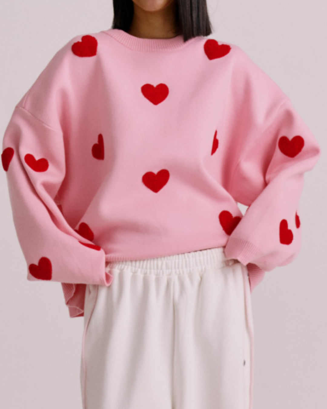 Embroidered Crew Neck Sweater S Pink 