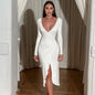 Deep V Plunge Long Sleeve Waist Tight High Slit Sexy Dress S White
