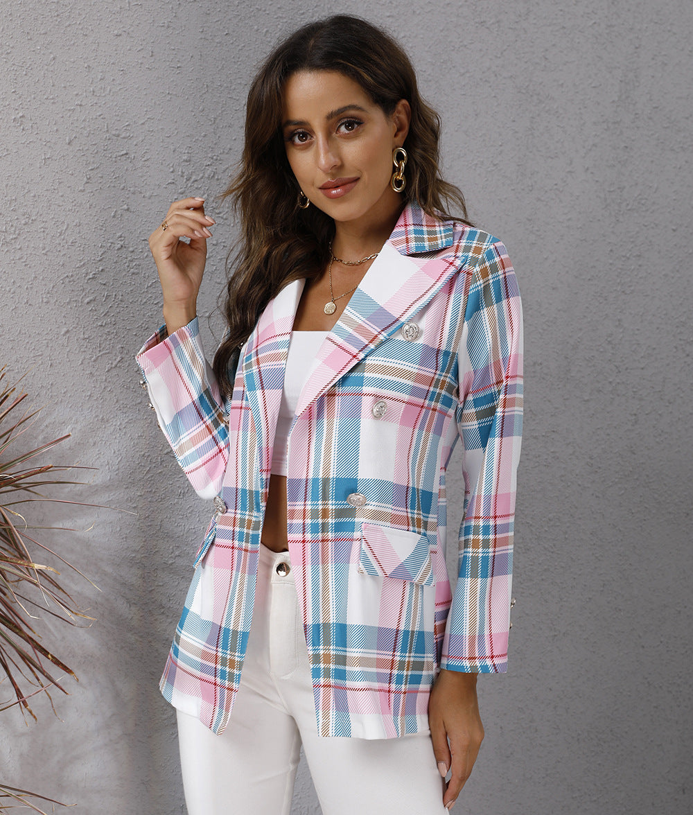 Color Plaid Printed Long Sleeve Blazer Coat