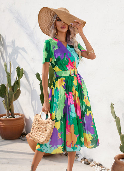 Summer Floral Print Crumpled Short Sleeve Dress S Green