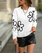 Floral Pullover Round Neck Sweater White S 