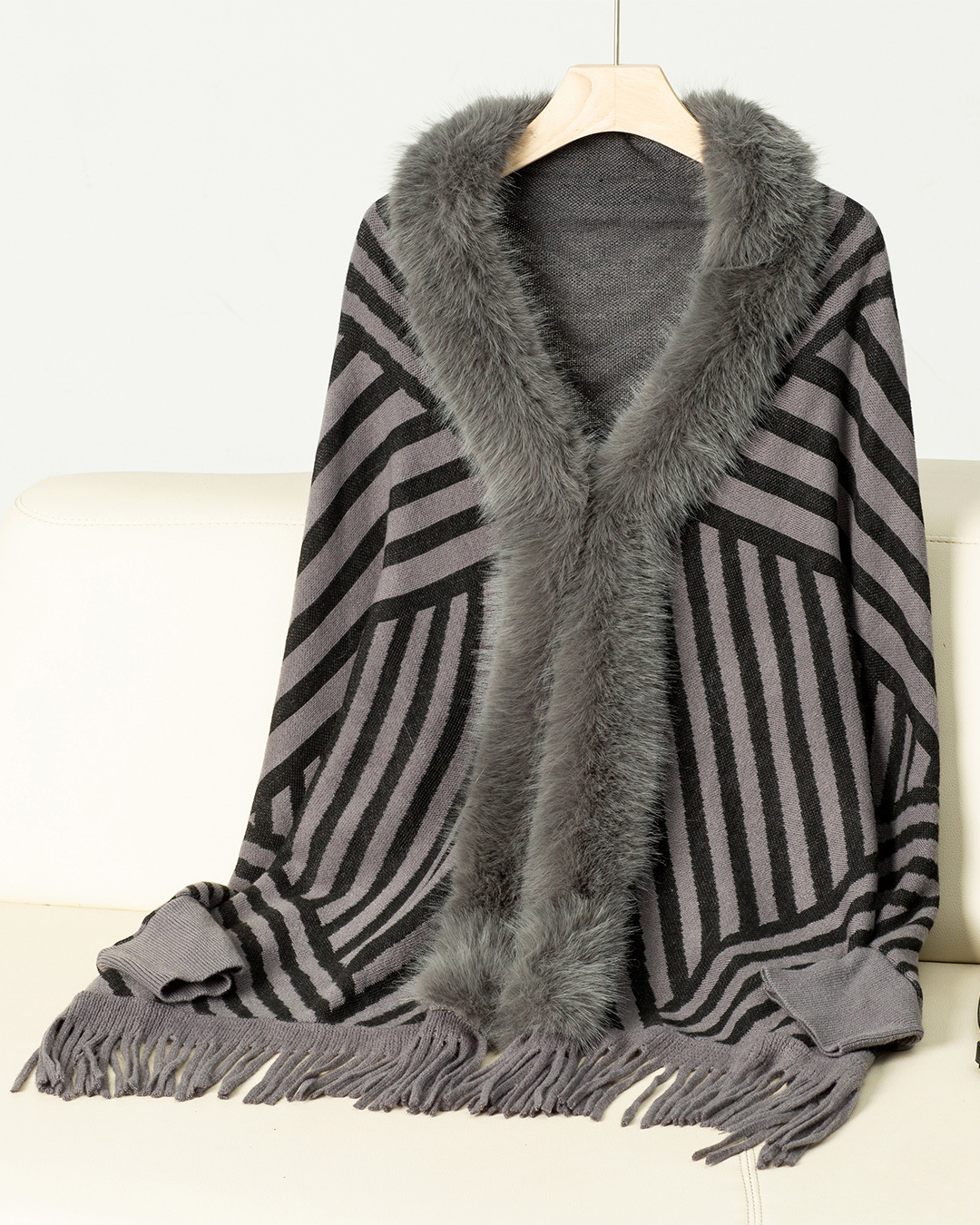 Striped Tassel Knitted Shawl Cape Gray F 