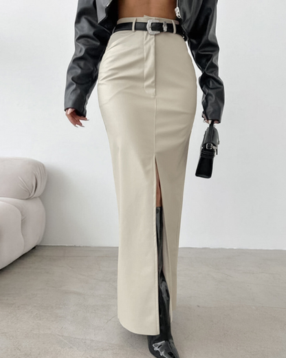 Matte Leather Straight Skirt Ivory S 