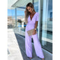 V neck Casual Short Sleeve Dress Loose Vacation Wide Leg Trouser S Lavender