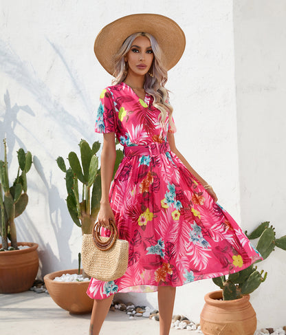 Summer Floral Print Crumpled Short Sleeve Dress