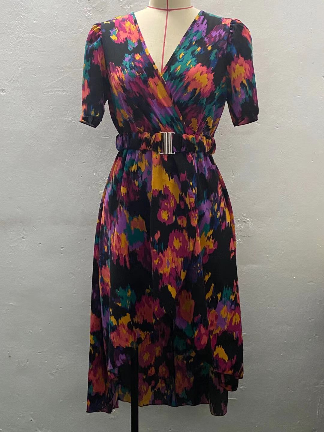 Chest Buckle High Waist Slim Pleated Printing Slip Dress Women