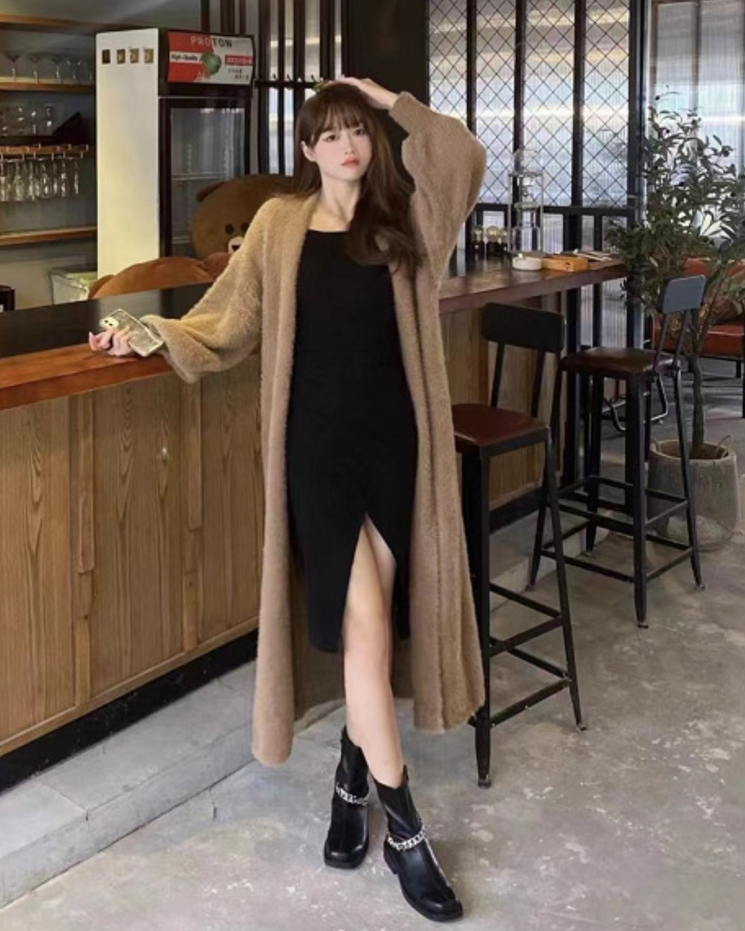 Loose Knitted Cardigan Coat Brown One Size 