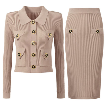 Knitted Cardigan and Skirt Set S Khaki Set