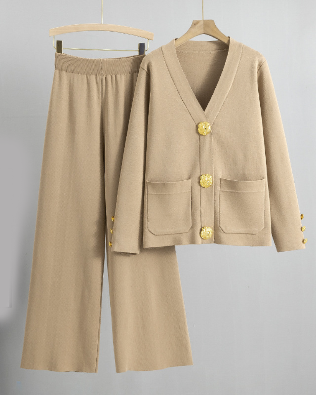 Knitted Cardigan Sweater and Wide Leg Pants Set Khaki One Size 