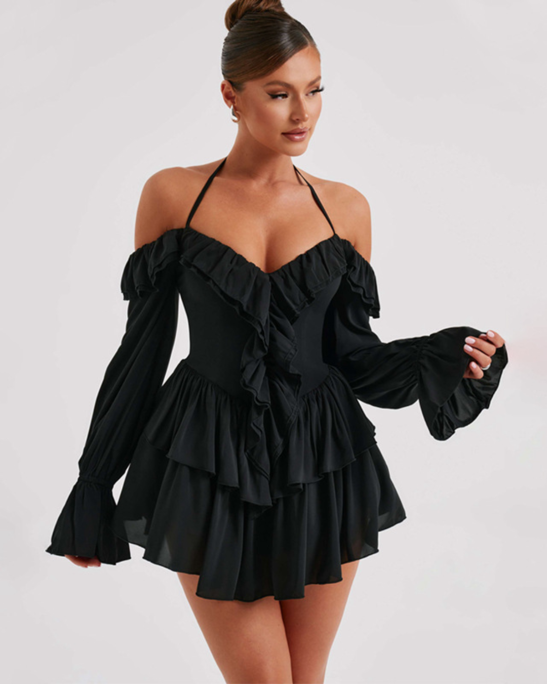 Halter Low Cut Ruffled Romper S Black 