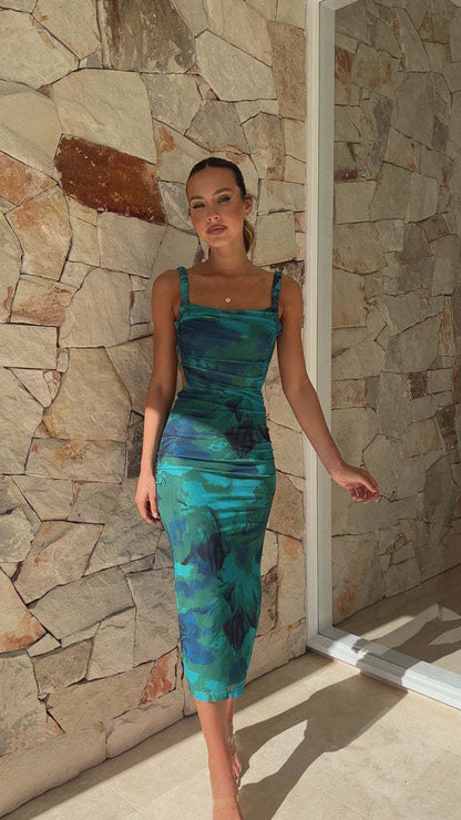 aqua printed backless split dress