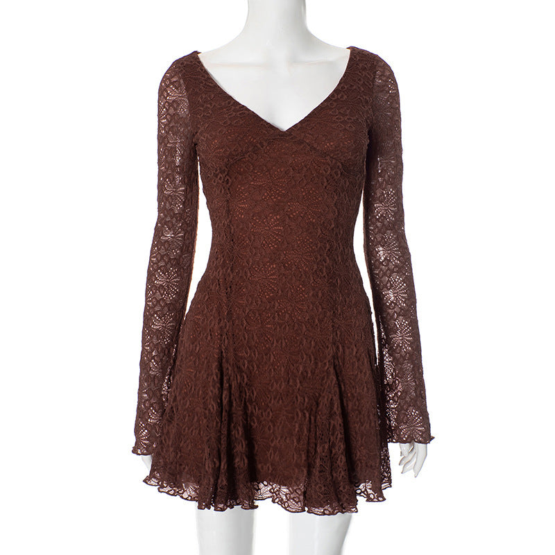 Elegant Lace V neck Long Sleeve Slim Fit Dress S Red