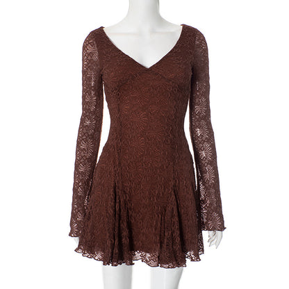 Elegant Lace V neck Long Sleeve Slim Fit Dress S Red