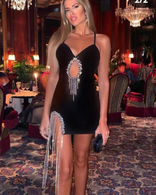 Rhinestone Tassel Suspender Hip Dress S Black 