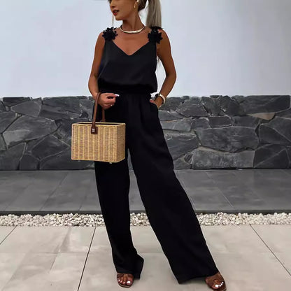 Suspender Sleeveless Pocket Casual Loose Jumpsuit S Black