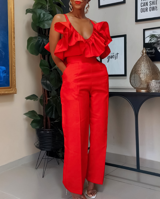 Flounce Sling High Waist Trousers S Red 