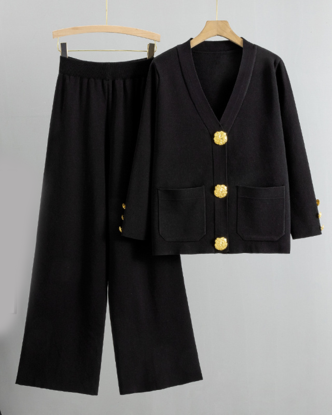 Knitted Cardigan Sweater and Wide Leg Pants Set Black One Size 