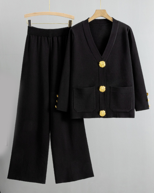 Knitted Cardigan Sweater and Wide Leg Pants Set Black One Size 