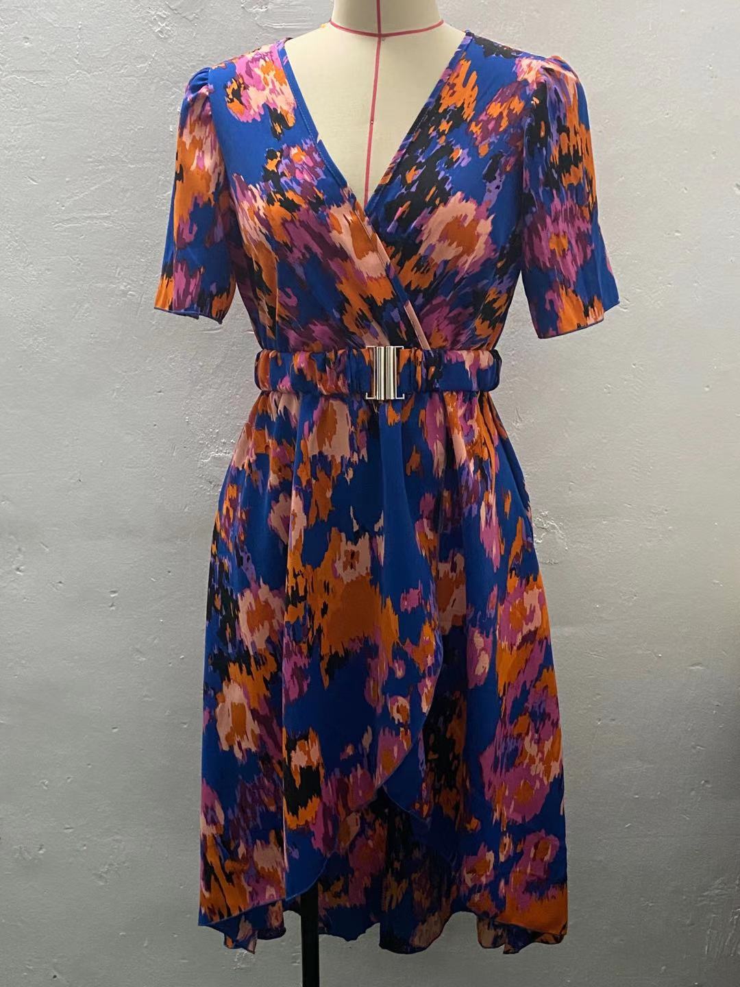 Chest Buckle High Waist Slim Pleated Printing Slip Dress Women