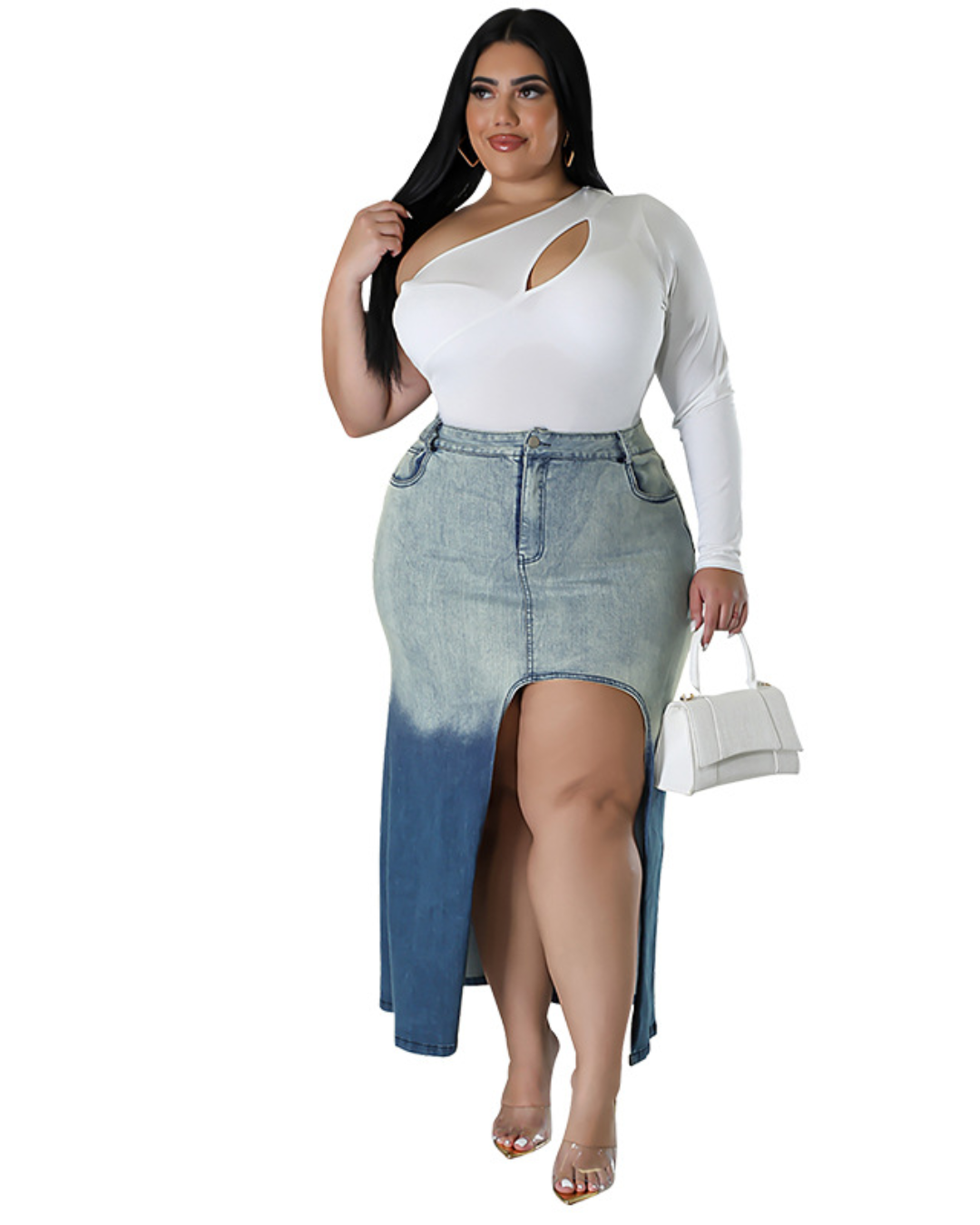 Plus Size Denim Woven Gradient Split Skirt   