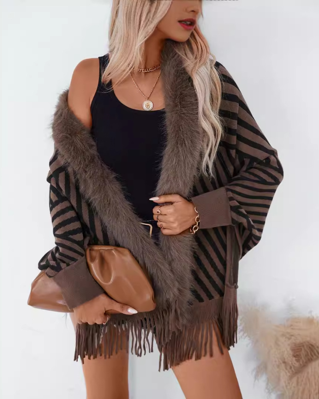 Striped Tassel Knitted Shawl Cape   