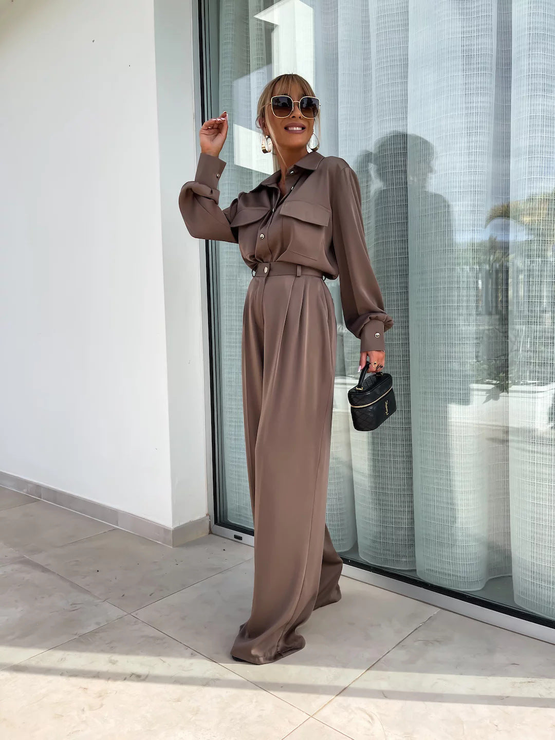 Long Sleeved Faux Pocket Shirt Elegant Trousers