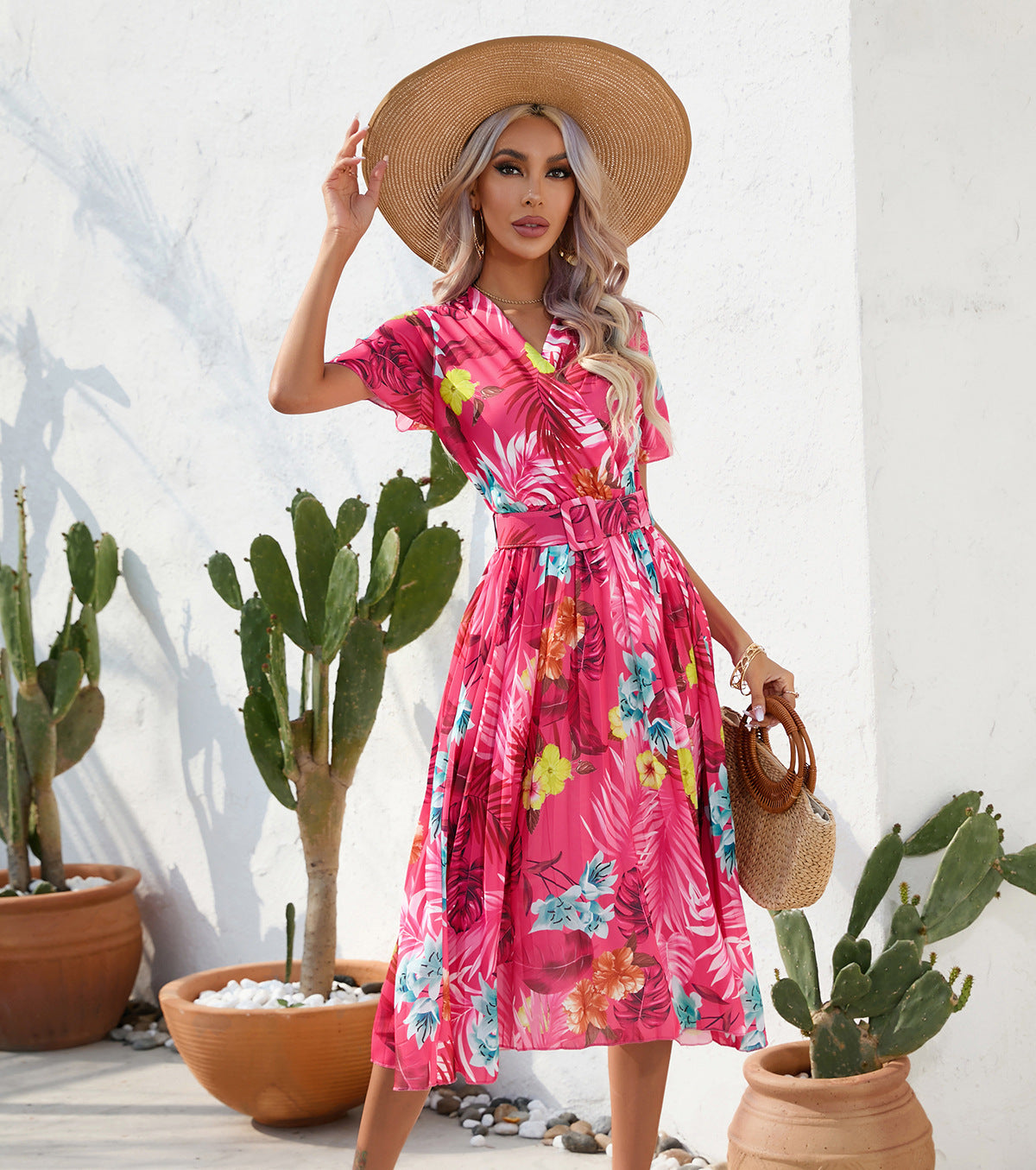 Summer Floral Print Crumpled Short Sleeve Dress