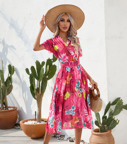 Summer Floral Print Crumpled Short Sleeve Dress