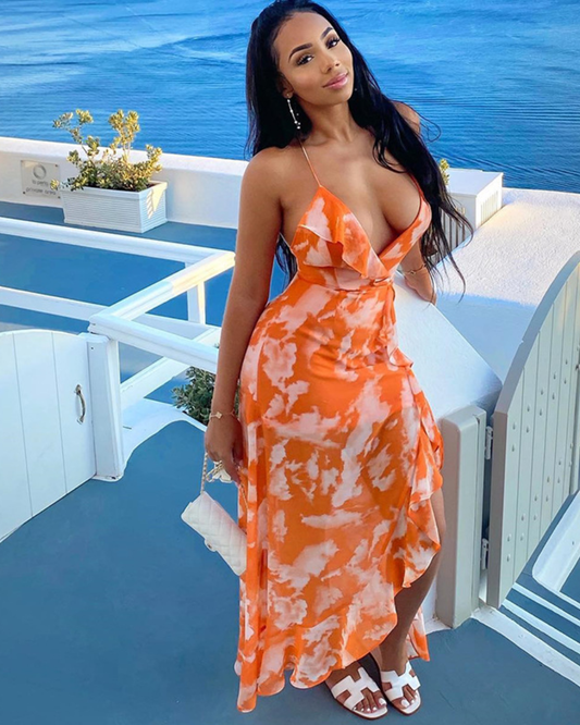 Printed V-neck Backless Swing Dress S Nacarat