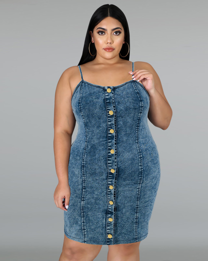 Plus Size Denim Collarless Sling Short Dress 1XL Navy Blue 