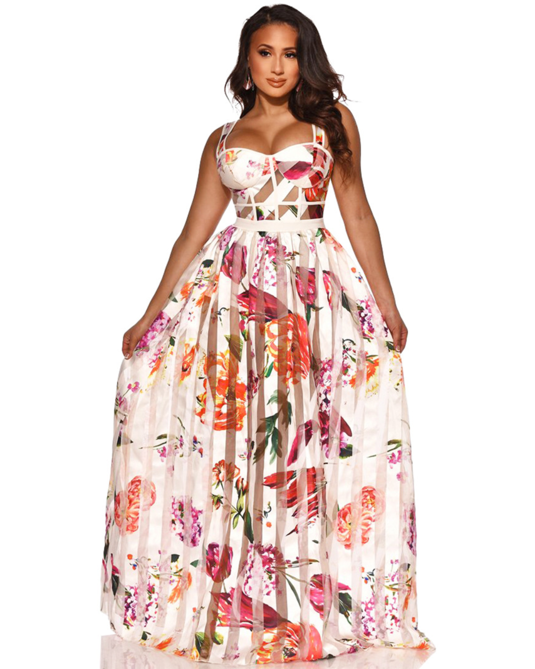 Floral Print Maxi Dress Organza   