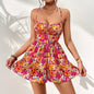 Vacation Dress Spring Summer Seaside Holiday Floral Square Collar Short Dress S Multi