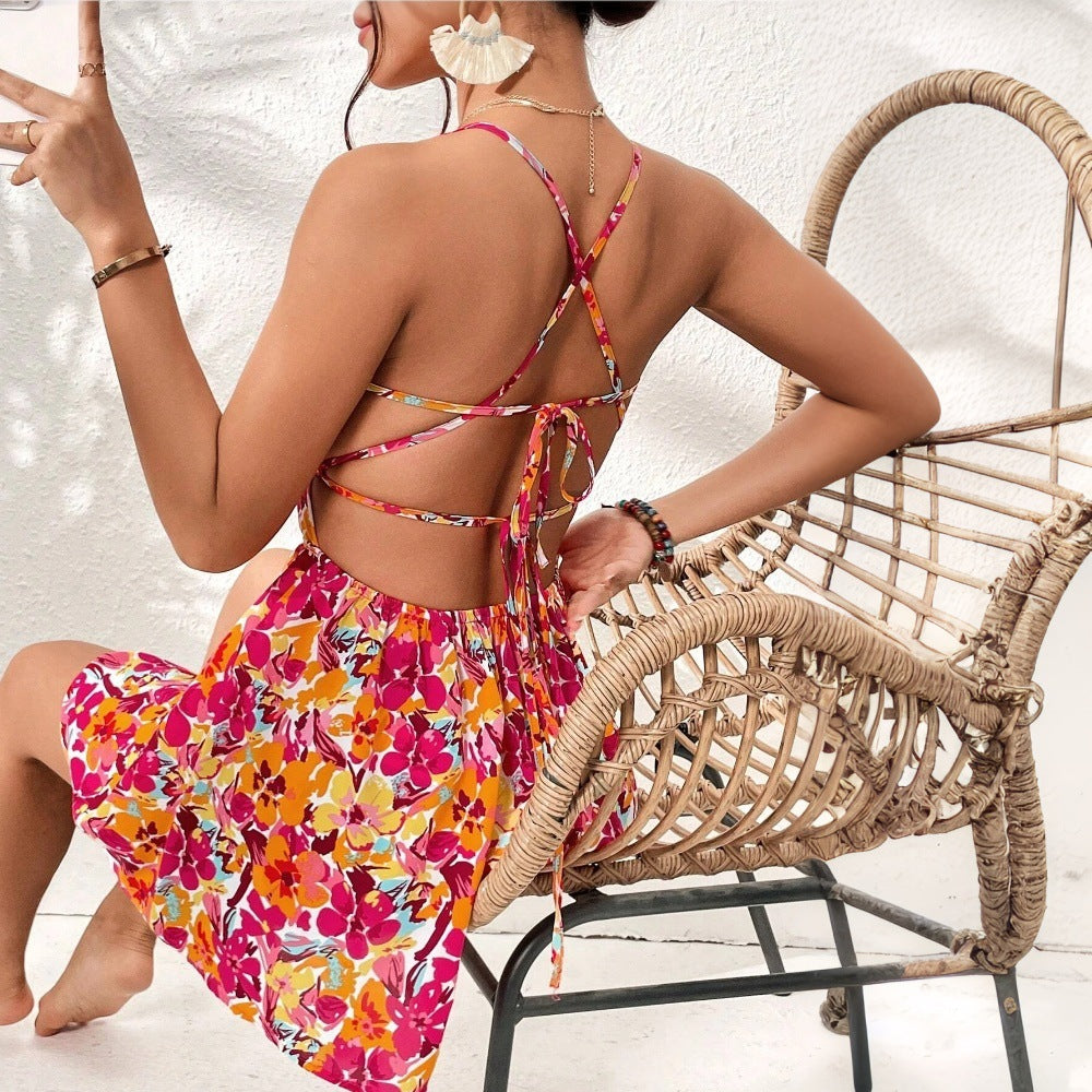 Vacation Dress Spring Summer Seaside Holiday Floral Square Collar Short Dress