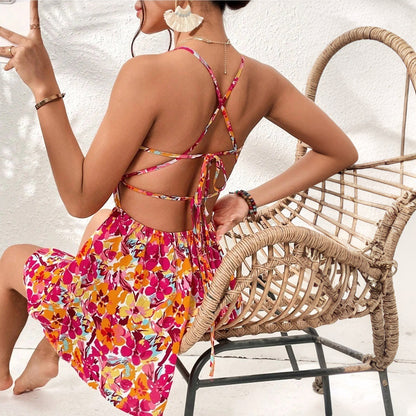 Vacation Dress Spring Summer Seaside Holiday Floral Square Collar Short Dress