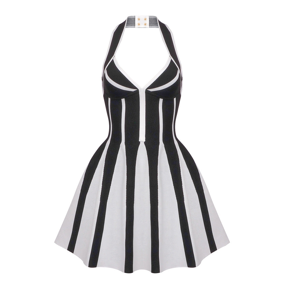 Summer French Sweet Spicy Halter Backless Spaghetti Straps Knitted Striped Dress Bandage Jacquard XS Multi