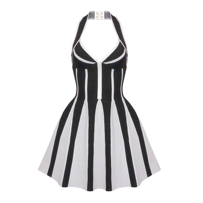 Summer French Sweet Spicy Halter Backless Spaghetti Straps Knitted Striped Dress Bandage Jacquard XS Multi
