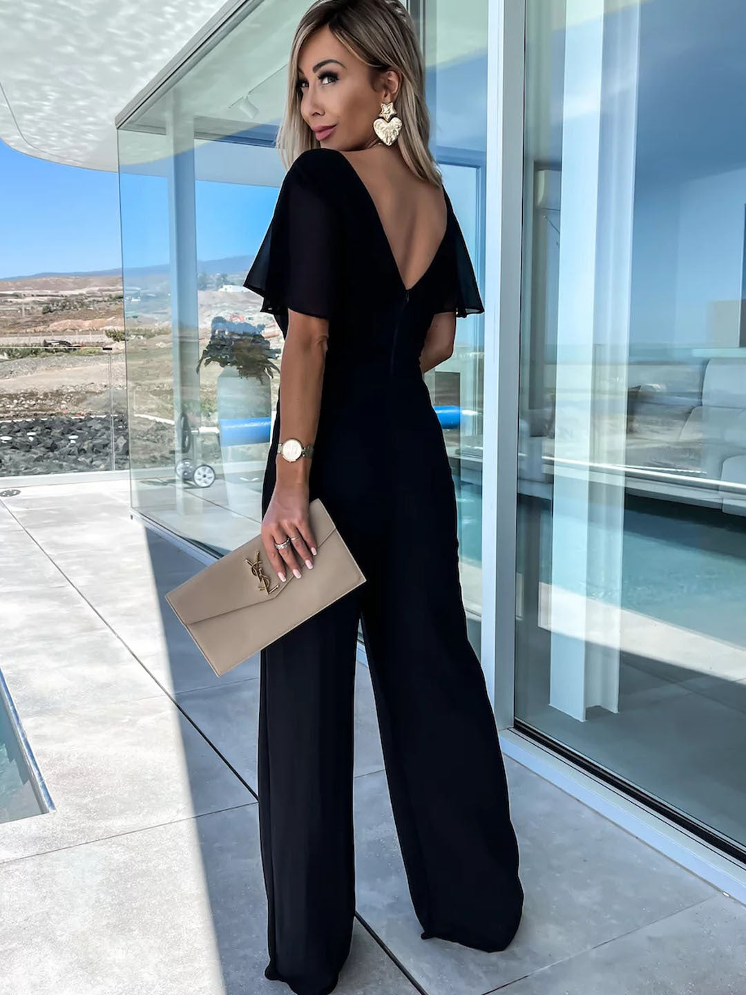 V neck Casual Short Sleeve Dress Loose Vacation Wide Leg Trouser